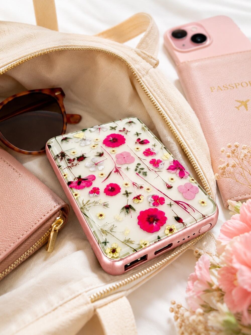 Heyday 5000mAh Floral Power Bank USB-C Portable Charger Pink Pressed Flower